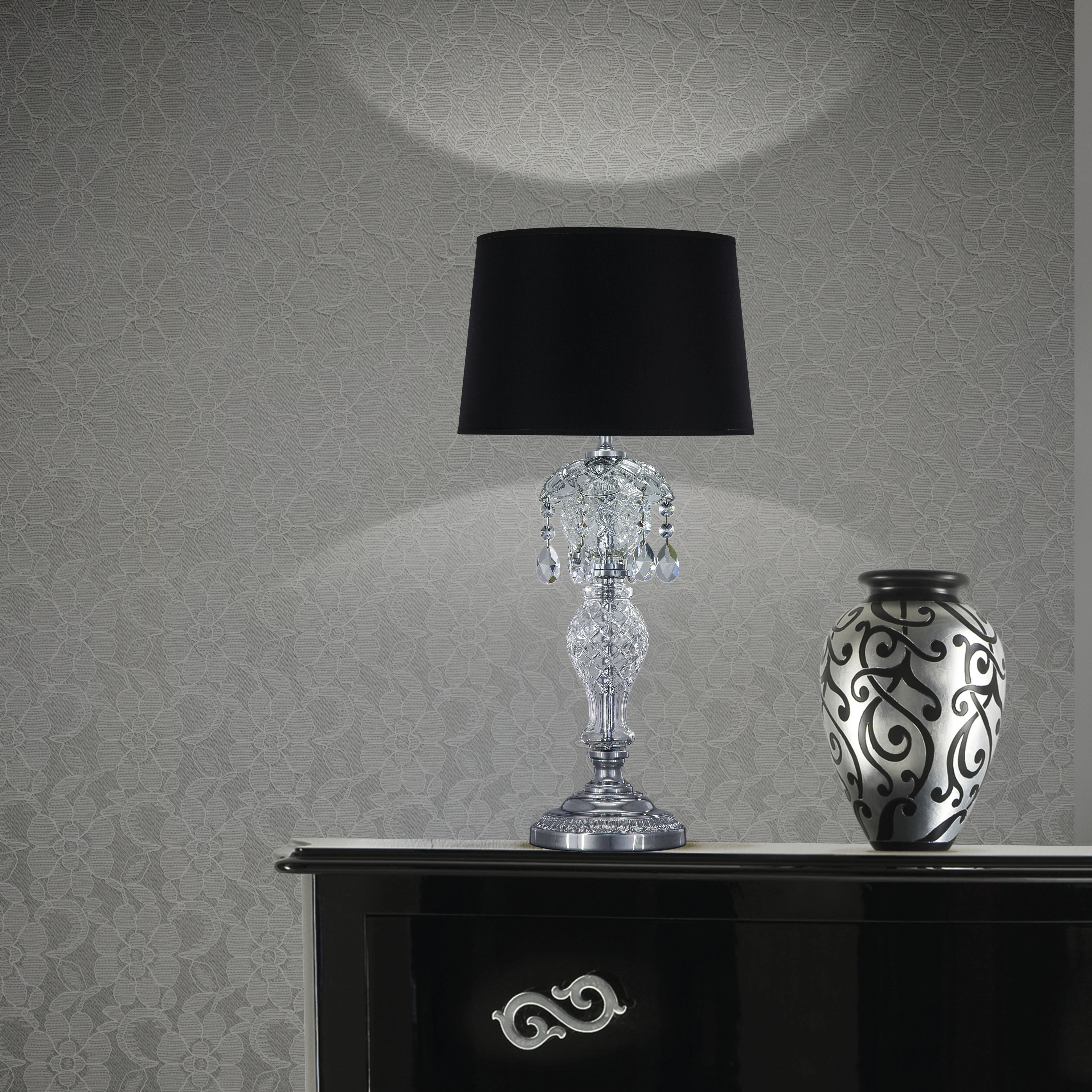 Olympia 104/LM χρώμιο-κρυστάλλινο επιτραπέζιο φωτιστικό-λαμπατέρ-pvc black chrome shade