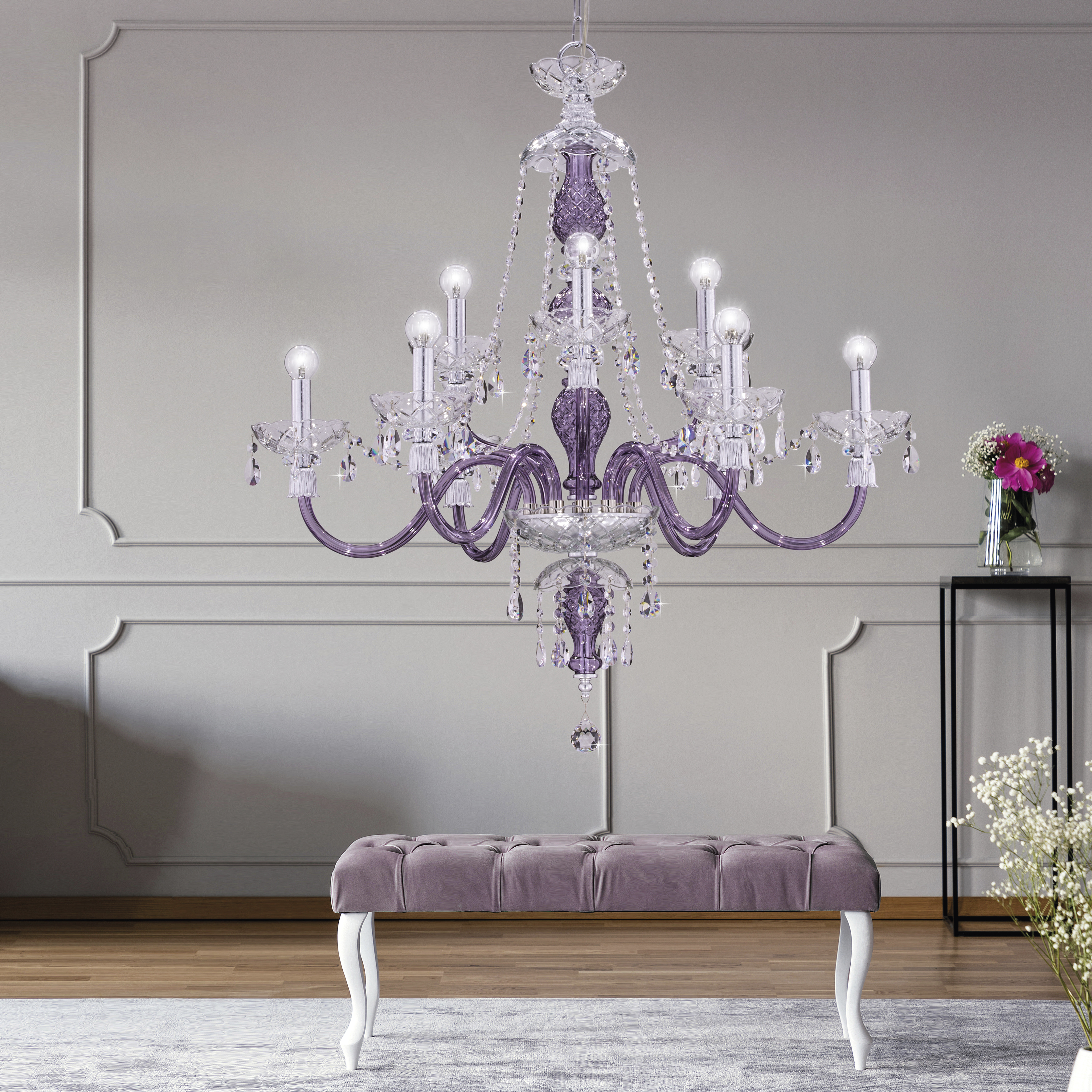 Mirsini 105/CH 9 φύλλο ασήμι-lilac-κρυστάλλινος πολυέλαιος