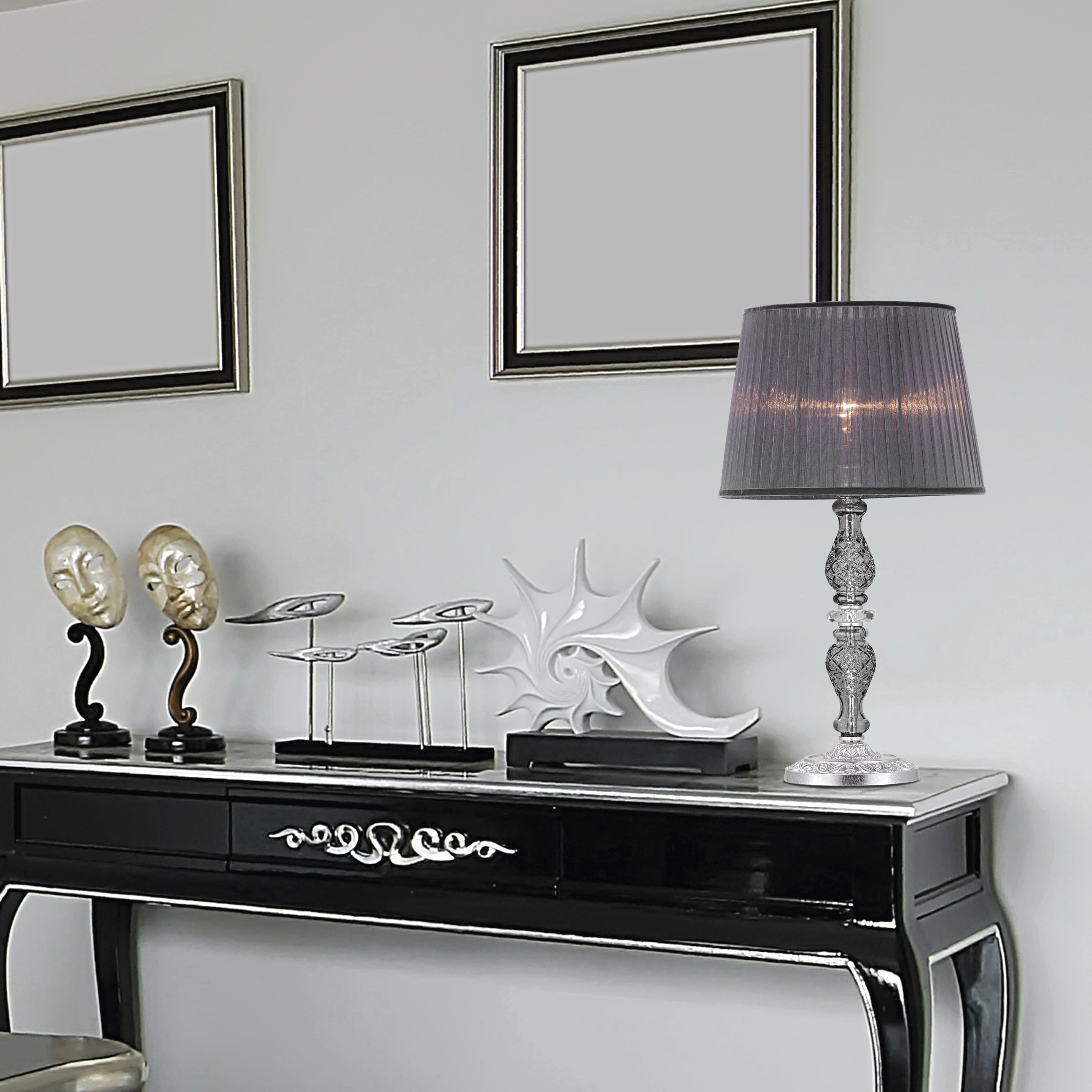 Mirsini 105/LM φύλλο ασήμι-graphite-κρυστάλλινο επιτραπέζιο φωτιστικό-λαμπατέρ-organdy graphite shade