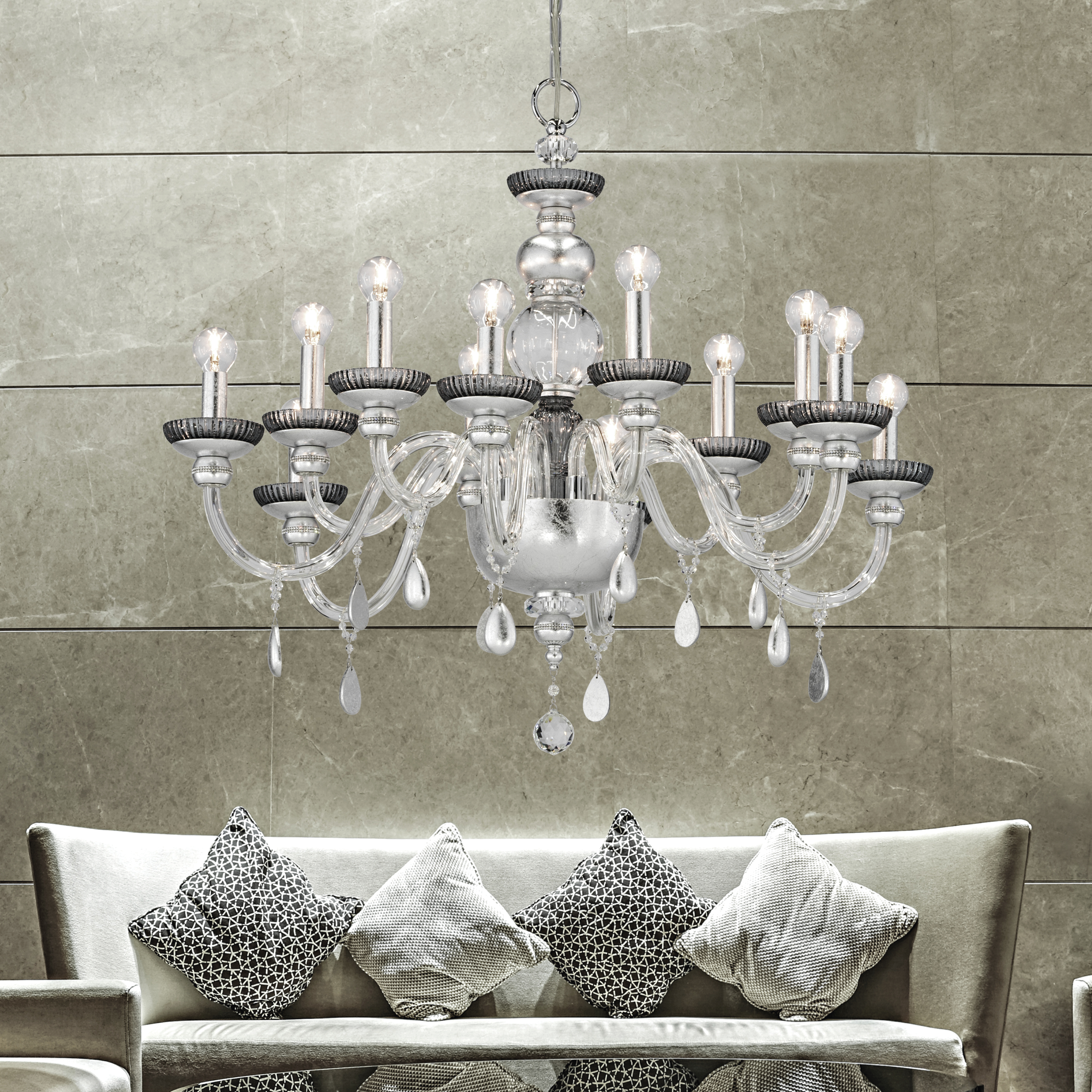 Juliana 108/CH 12 φύλλο ασήμι-graphite-κρυστάλλινος πολυέλαιος