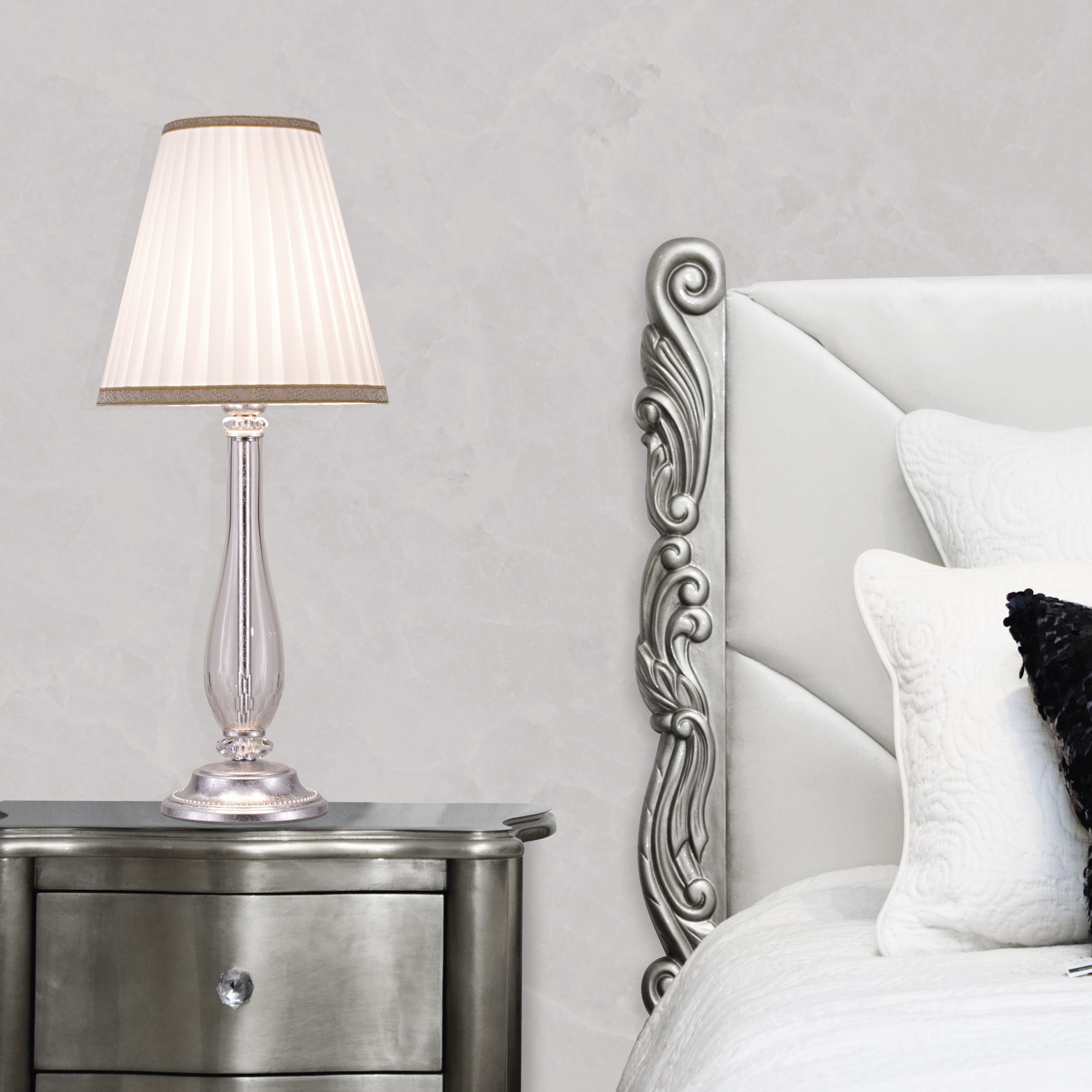 Melina 110/LM φύλλο ασήμι-κρυστάλλινο επιτραπέζιο φωτιστικό-λαμπατέρ-fabric ivory shade