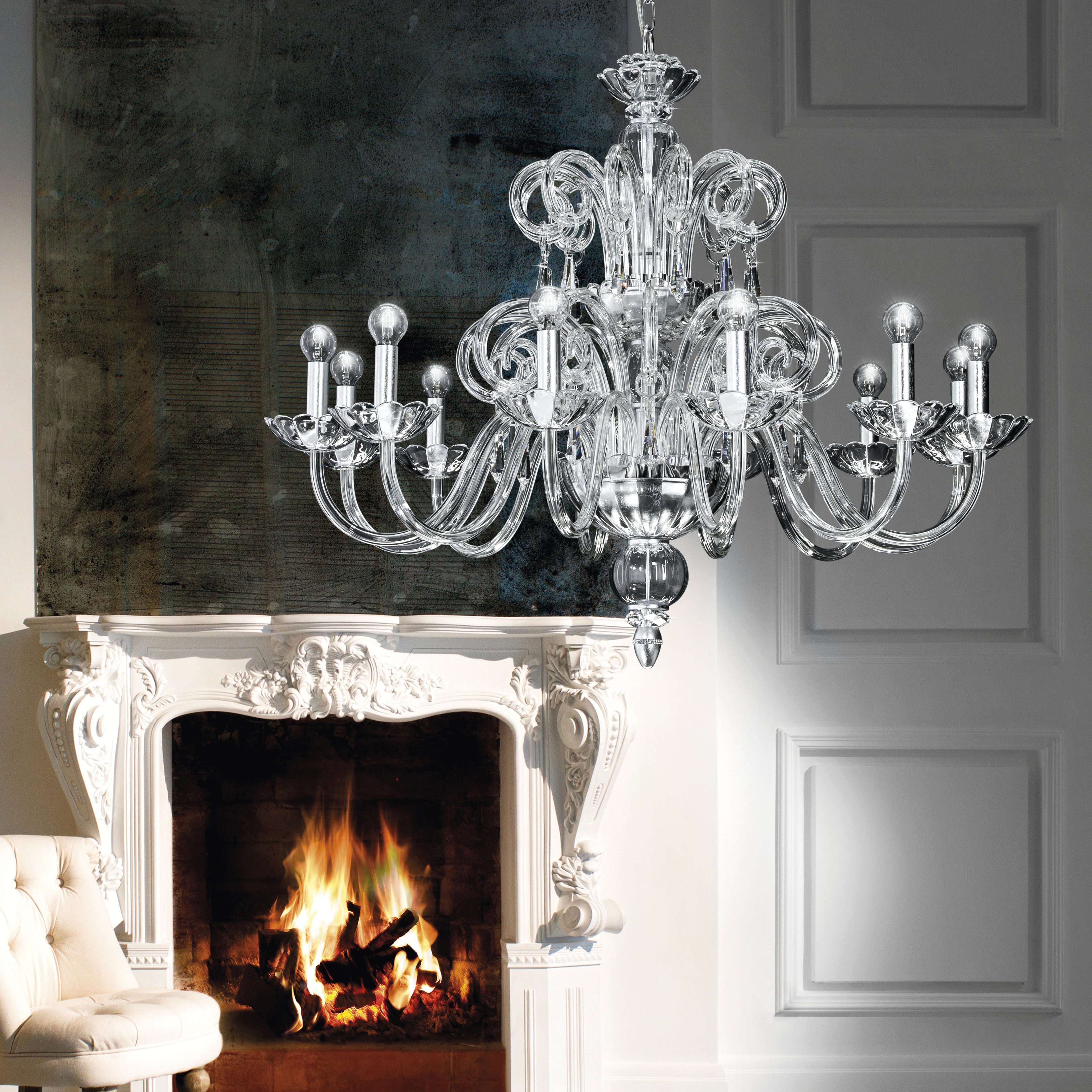 Venere 122/CH 12 φύλλο ασήμι-κρυστάλλινος πολυέλαιος