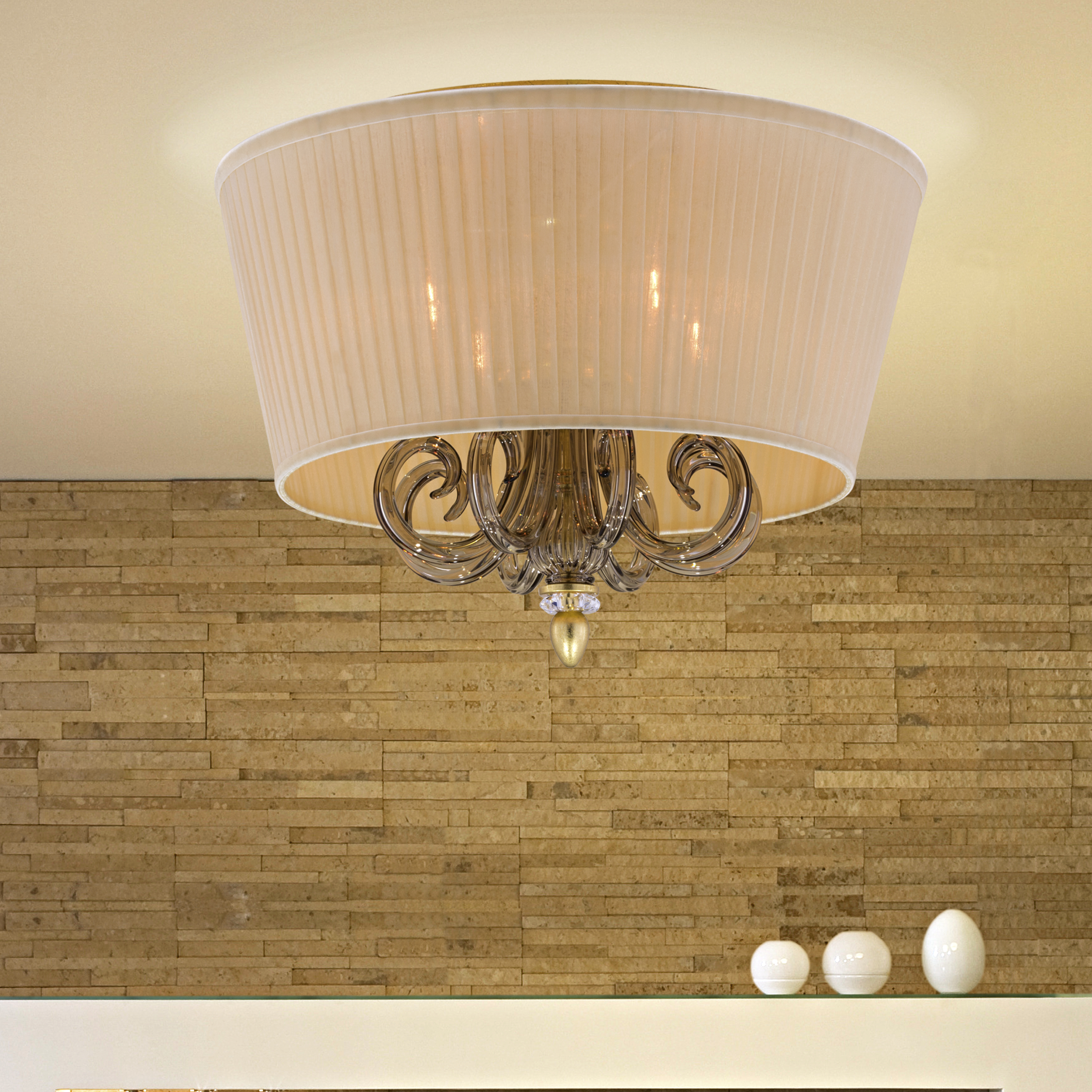 Dafne 109/PLM φύλλο χρυσού-golden teak-κρυστάλλινο φωτιστικό οροφής-πλαφονιέρα-organdy beige shade