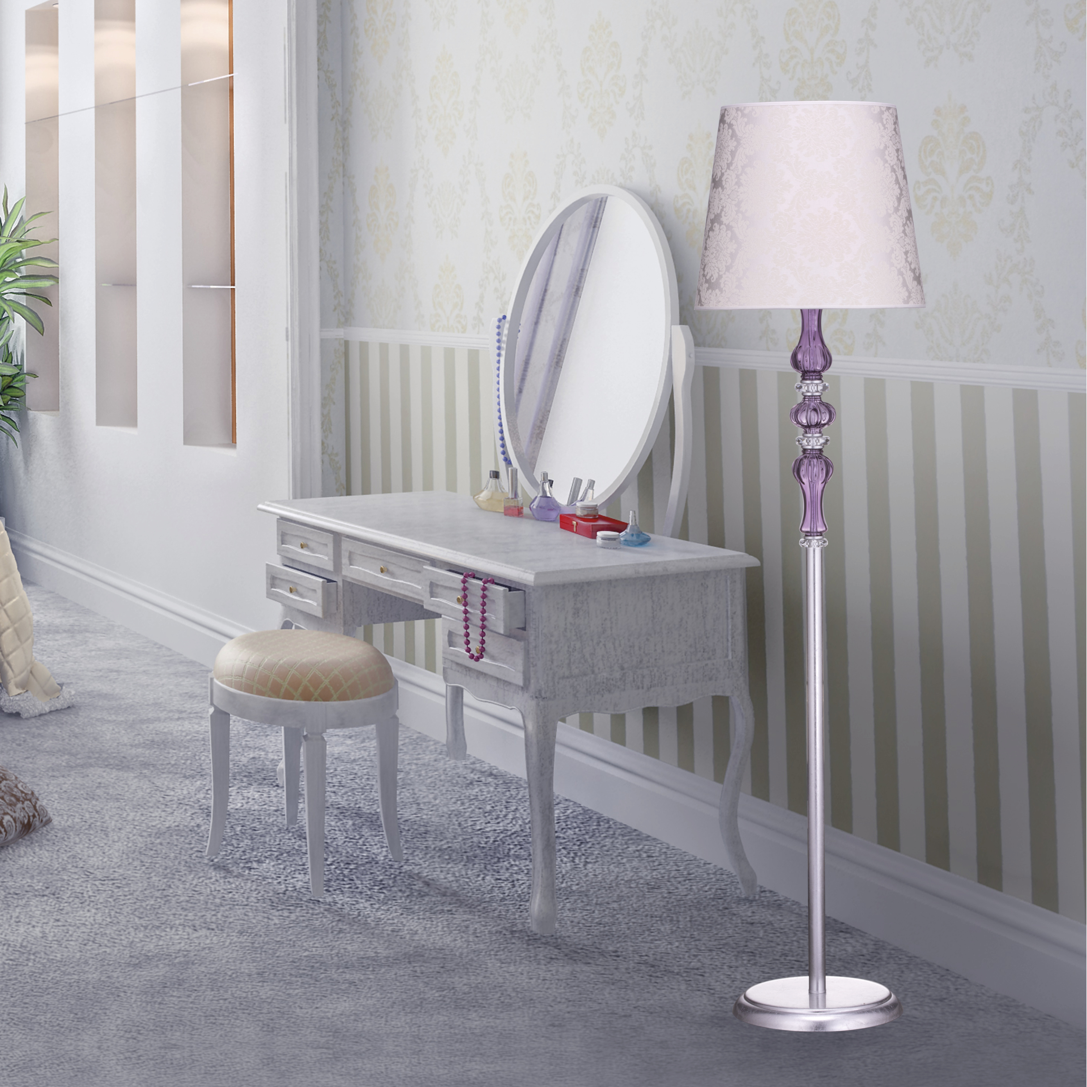 Reina 114/FL φύλλο ασήμι-lilac-κρυστάλλινο φωτιστικό δαπέδου-pvc damasco shade